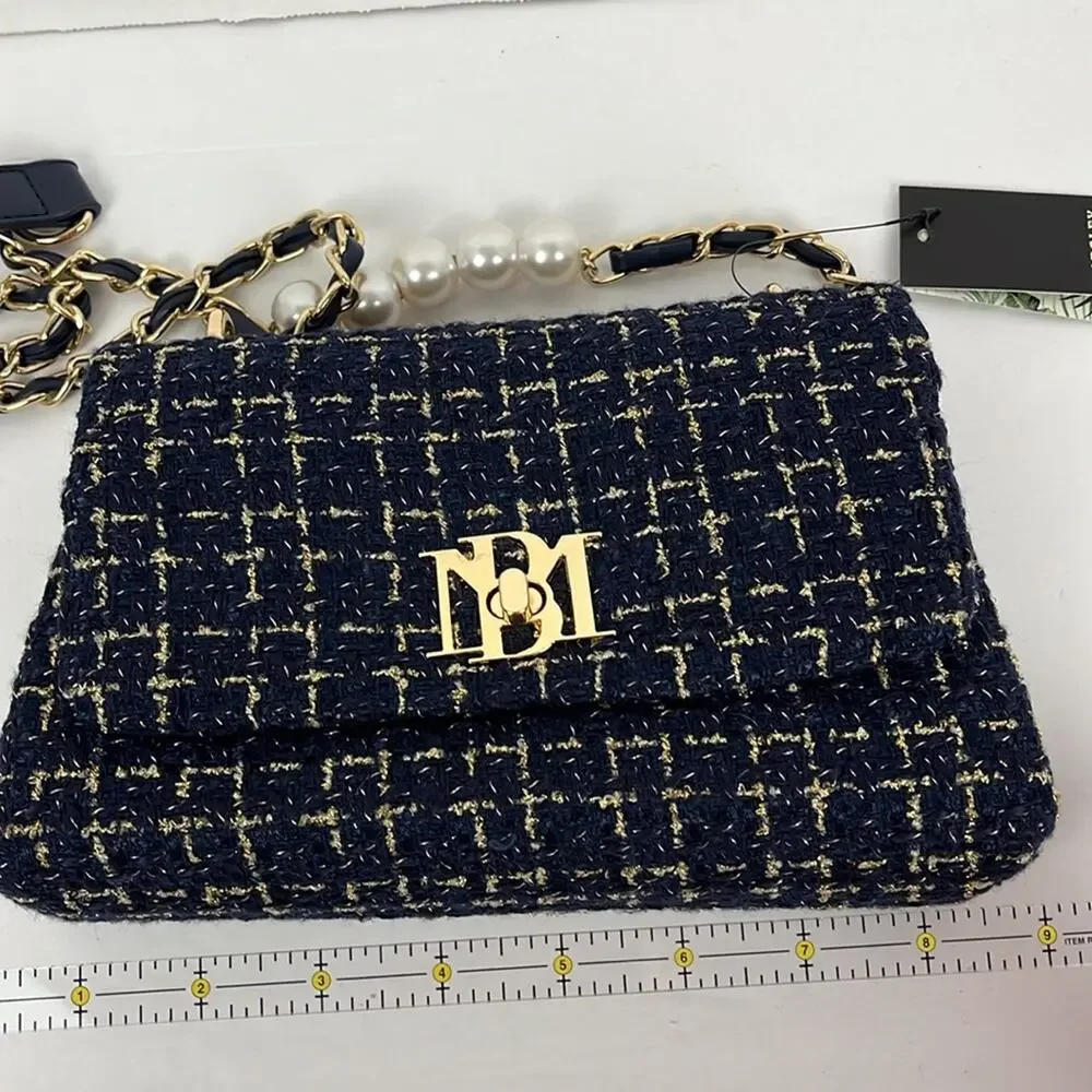 Badgley Mischka Purse Navy Blue Textured Messenger Bag Crossbody Gold Accents - Picture 5 of 11
